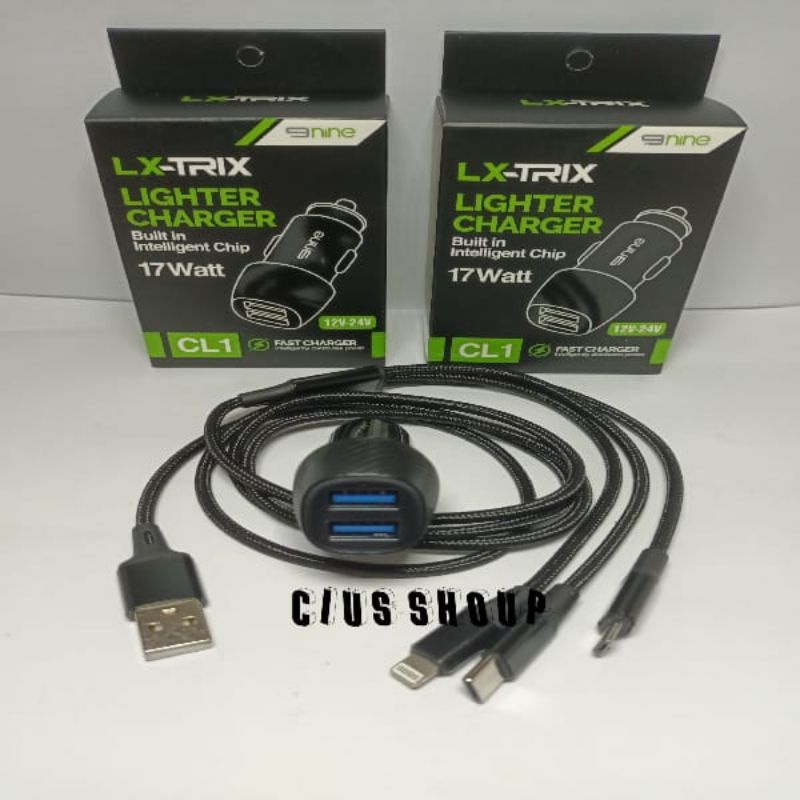 LIGHTER CHARGER CAR DUAL USB + CABLE 3 IN 1 FAST CHARGER 12V-24 V 17 WATT NINE