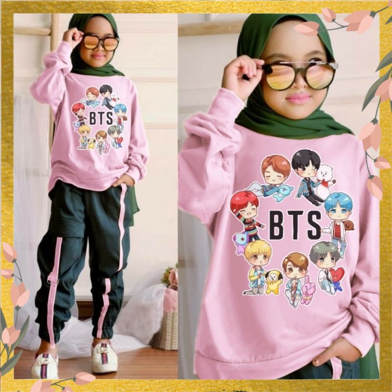 Setelan Baju Anak Perempuan Usia 8 9 10 11 Tahun-Baju Anak BTS One Set Korea Babyterry Trend