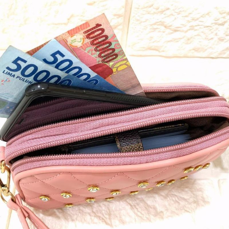 Dompet Hp Dan Uang Wanita DIAMOND 2 Ruang Resleting Bakpao kerang oval Hanging wallet Pouch handbag Kosmetik makeup