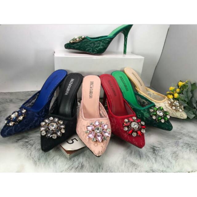 SANDAL SELOP HEELS WANITA DOLCE  GABBANA BROKAT/ SENDAL DOLCE / HEEL D&G
