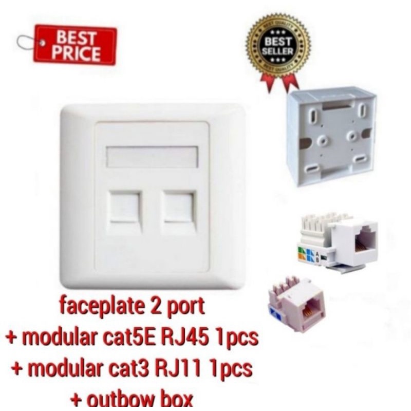 Faceplate Walplate 2port+Modular Rj45 Cat5e+out bow box