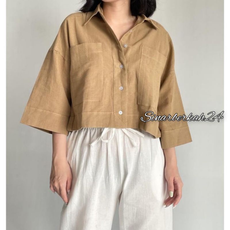 Kemeja Crop Linen Pocket Kemeja Outer Crop Linen Oversized Shirt Linen Atasan Wanita Outer Wanita