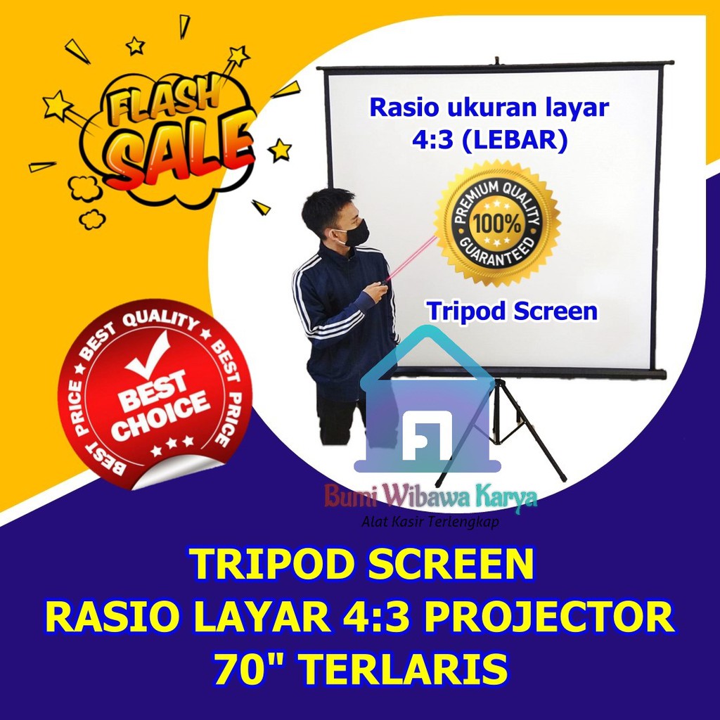 Layar Proyektor Pakai Kaki 70" Screen Projector Tripod 70" Terlaris - Buat Bioskop Dirumah Rasio 1:1
