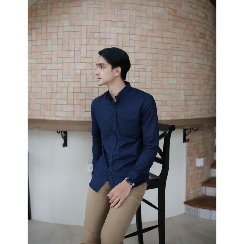(Bisa COD) Baju formal putih polos murah berkualitas  Baju Kantor Cowok kasual Lengan Panjang-Navy