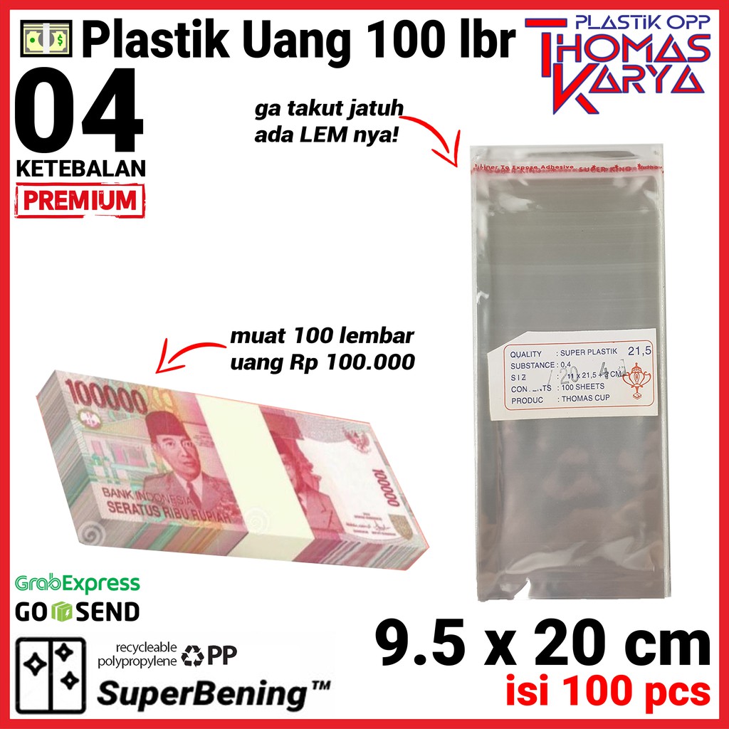 Plastik OPP 9,5x20 TEBAL isi 100 Kantong Bening Kemasan Bungkus Uang Kertas 100 Rb 100 lembar Uang 1
