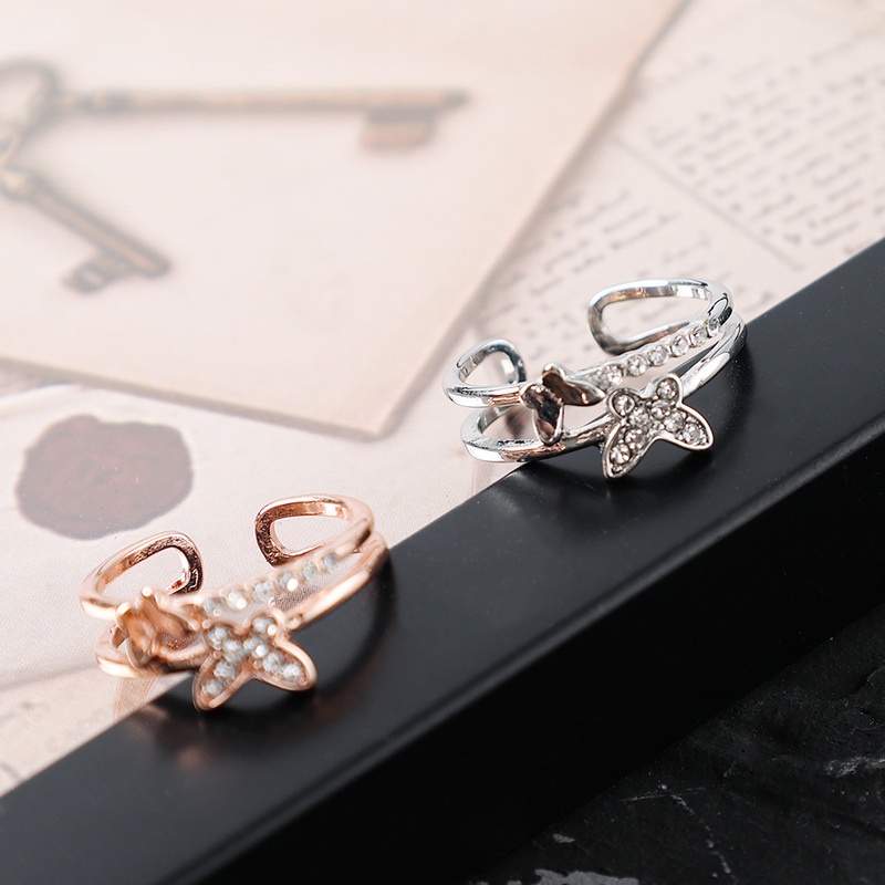 INS style silver color diamond inlay Double butterfly pattern alloy ring/ Fairy temperament Sweet opening design ring