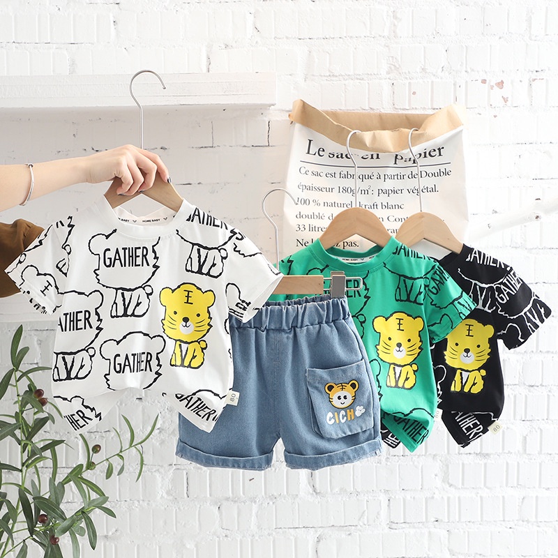 Setelan Anak Laki Laki GATHER Summer Set 2in1 Baju Anak kaos dan celana denim Korean Style Import