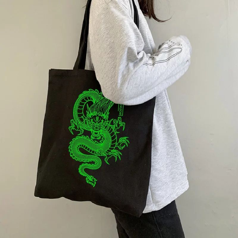 Nudie Bag Resleting Tas tote bag Tas Kanvas Gambar Naga Tas Pembelanja Tas Wanita Gaya Punk Gotik Kapasitas Besar Harajuku Tas Bahu Klasik Tas Tangan Pakai Resleting