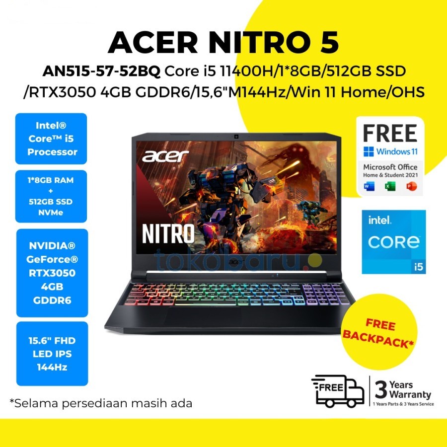 Laptop Gaming ACER NITRO 5  Core i5-11400H 8GB 512GB-SSD RTX3050-4GB 144Hz