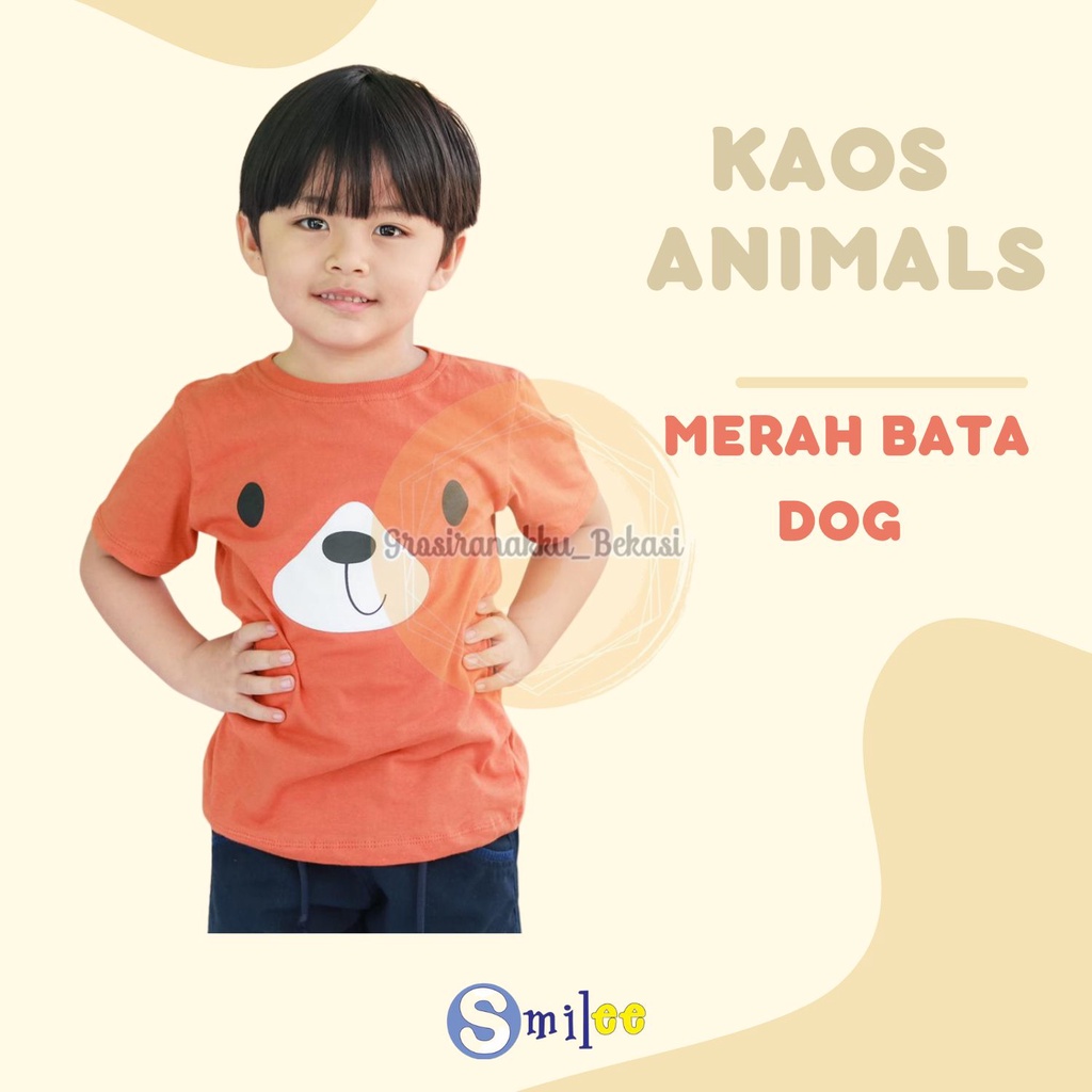 Kaos Anak Cowok Smilee Murah Animal Merah Bata Dog Size 1-5Thn