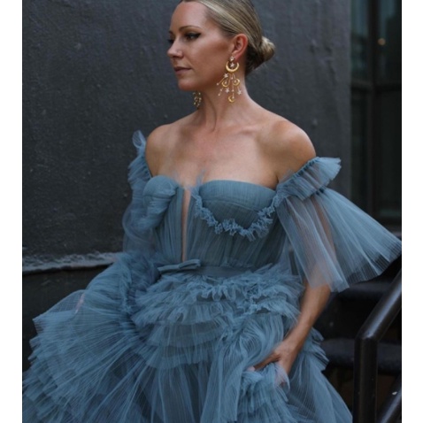 FASHION STRPLESS PUFF SLEEVES BALLGOWN EVENING DRESS DUSTY BLUE RUFFLED EVENING DRESS DUSTY BLUE