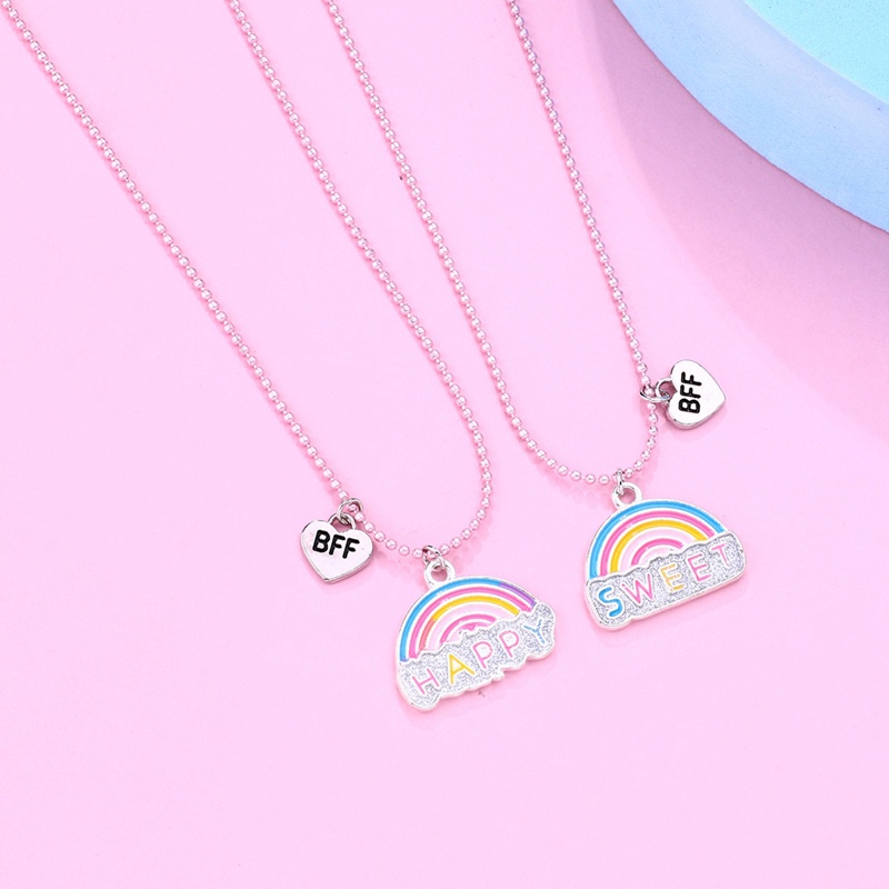 2pcs / Set Kalung Rantai Liontin Tulisan Happy Best Friends Warna Pelangi Untuk Anak Perempuan