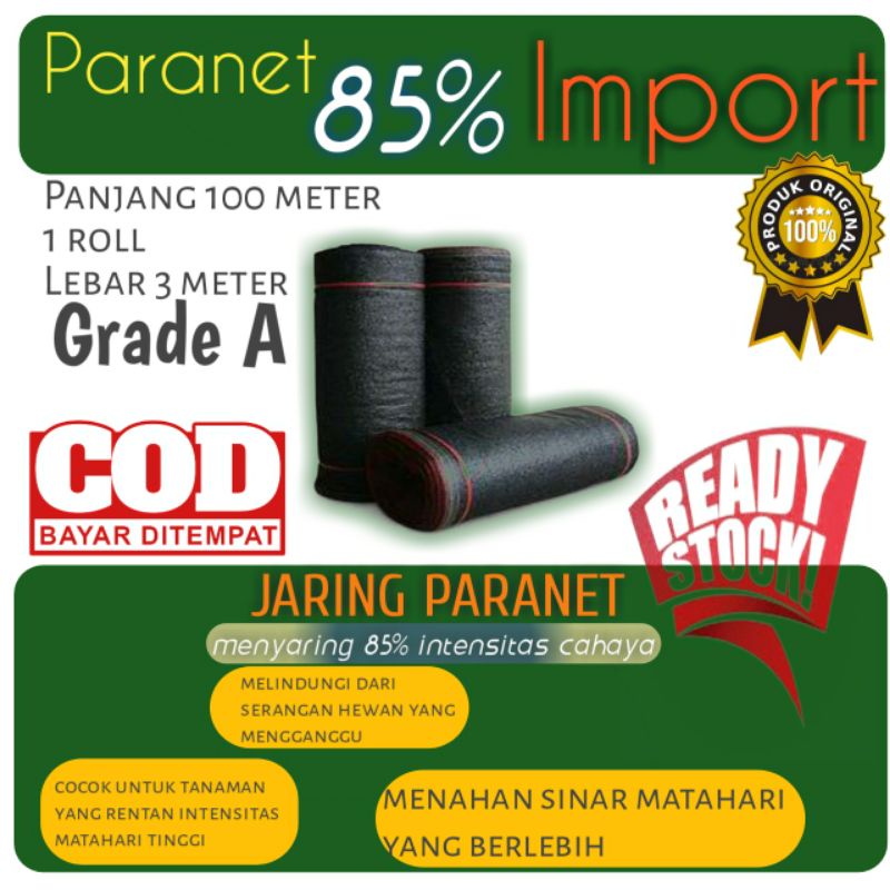 [promo] paranet 85% panjang 100 meter 1roll lebar 3 meter grade a paranet import peneduh tanaman ang