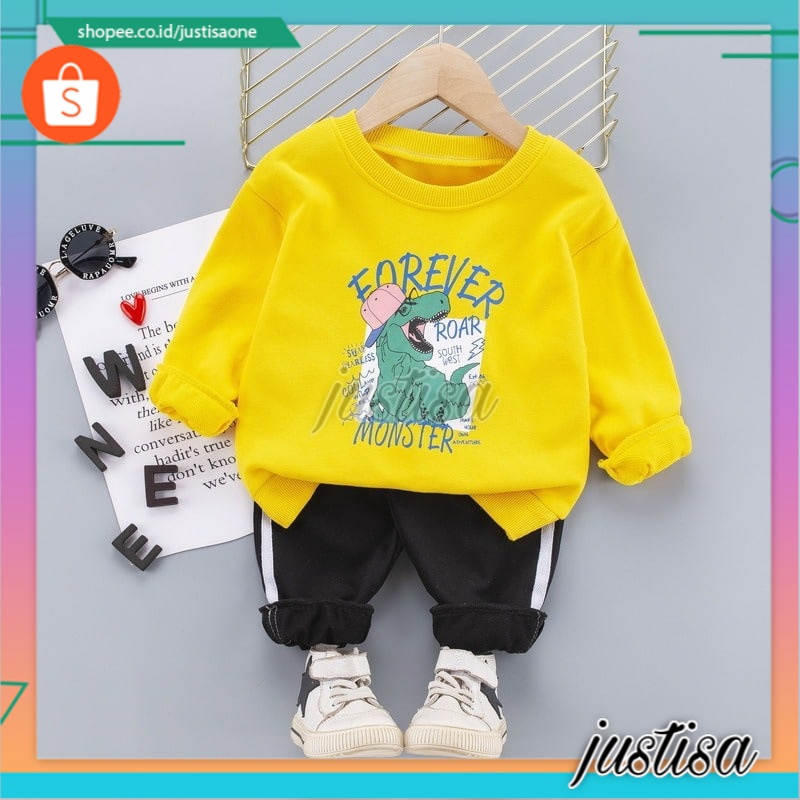 Promo !! Setelan baju anak cowok keren / setelan forever monster roar import ukuran 1-4tahun (kuning) / Setelan lengan panjang anak cowok