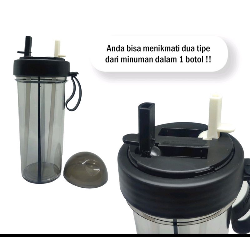 Botol Minum Dua Sisi  600ml l BPA FREE // Botol Minum Dual Use 600ml // Botol Minum Unik 600ml BPA FREE //Botol Minum Dua sisi Murah-Hitam