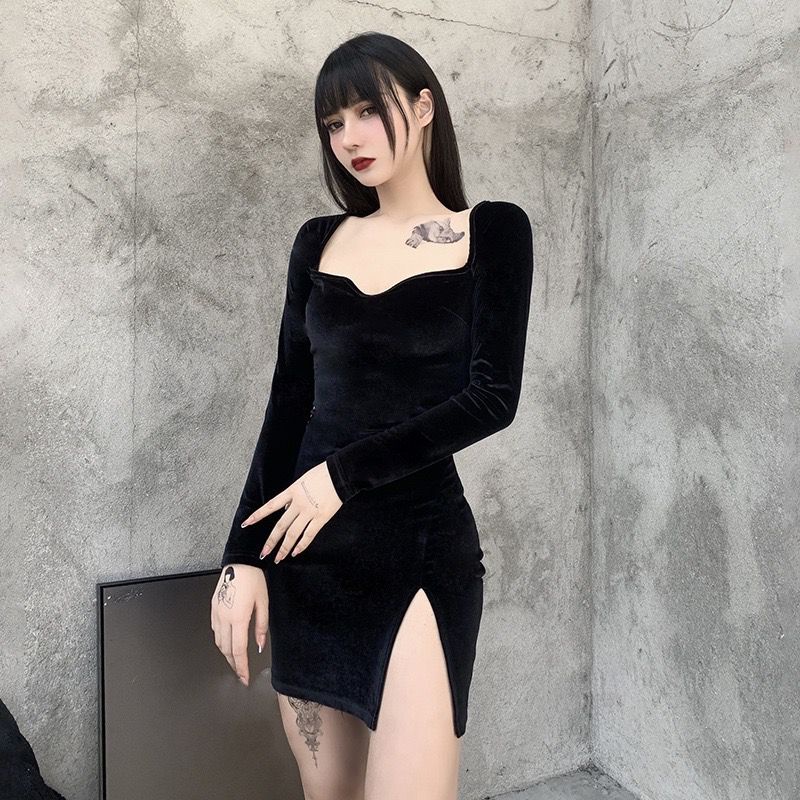 [Goth] Women Long Sleeve Velvet Bodycon Midi Dress 8643 (S/M/L)