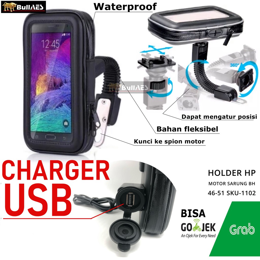 HOLDER HP MOTOR Waterproof Mobile Phone USB CHARGER MERK ICC BESAR I Holder Sarung Hp Motor S2508