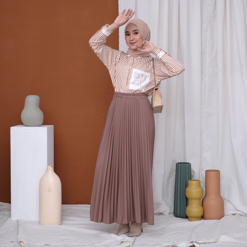 ROK PLISKET 256.B MURAH PREMIUM HYGET POLOS FLARE SKIRT REMPEL MUSLIM MAYUNG PANJANG MODELLANO FREXA-Mocca