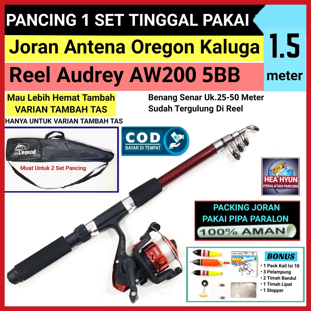 1 set pancing joran merk OREGON KALUGA panjang 150 cm / 1,5 meter dan reel AUDREY AW200 5BB BISA COD