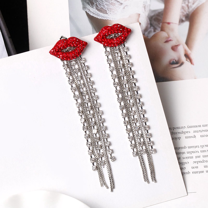 Anting Rantai Panjang Desain Bibir Merah Aksen Berlian Imitasi Bahan 925 Silver