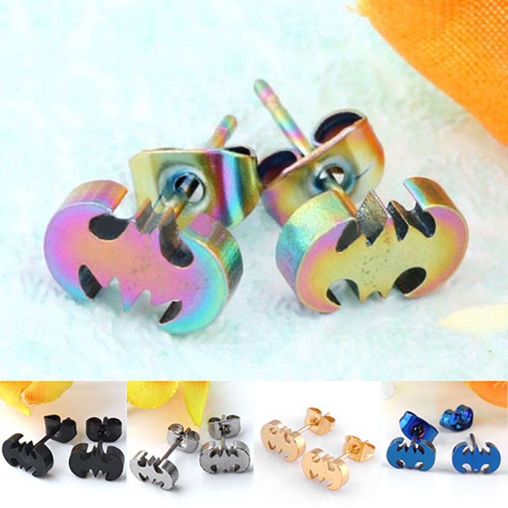 Hu Hu Hu Hu Hu Alat Bantu Pasang Kacamata♡ Anting Stud Desain Kelelawar Bahan Stainless Steel Gaya Punk Untuk Pria Dan Wanita