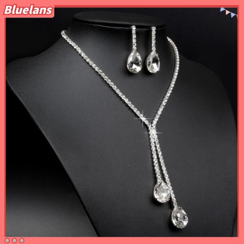 Bluelans Bridal Wedding Party Rhinestone Waterdrop Pendant Necklace Earrings Jewelry Set