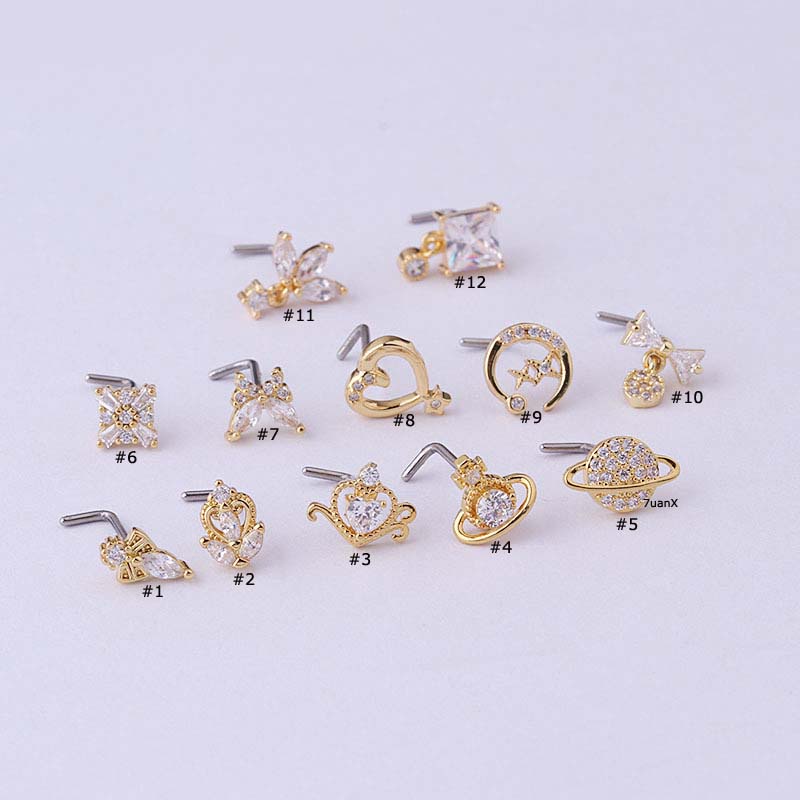 1pc Anting Tindik Hidung Bentuk L Bahan Stainless Steel Dengan Zircon 20Gauge