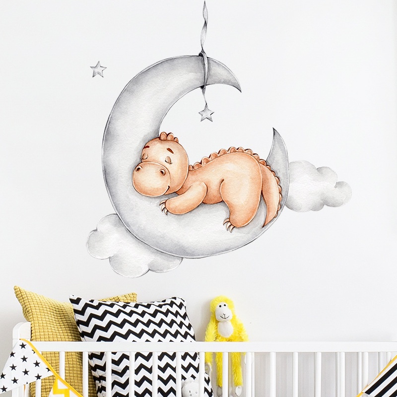 Stiker Dinding Desain Kartun Dinosaurus Bulan Awan Good Night Ukuran 30x60cm Untuk Dekorasi Kamar Anak