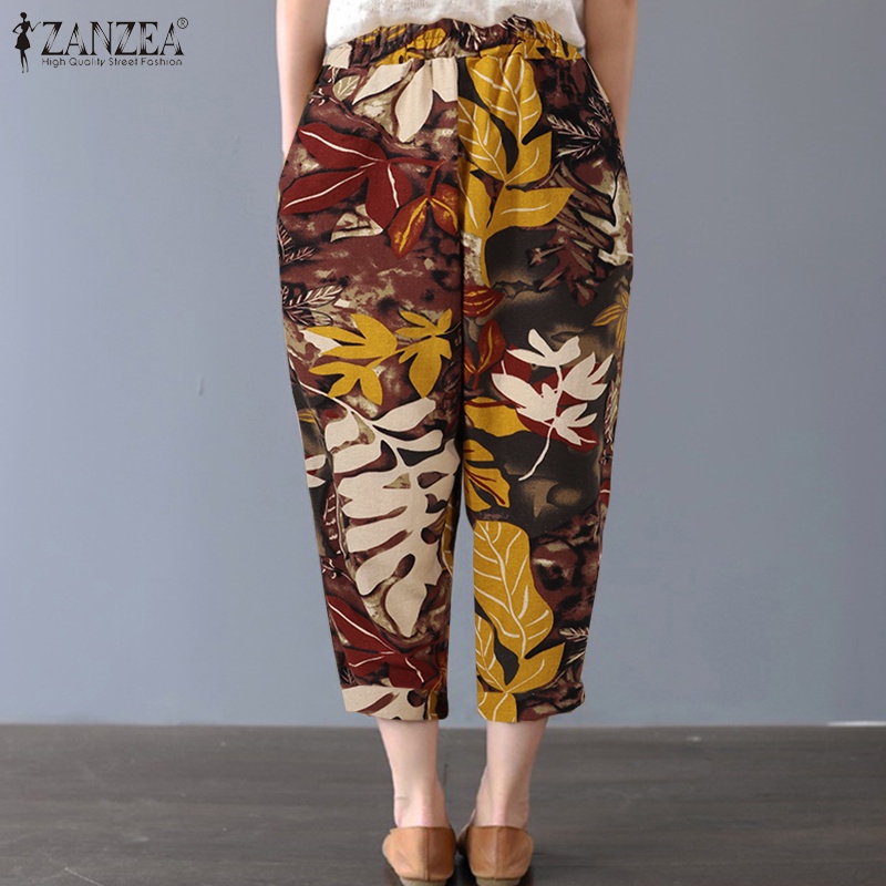 ZANZEA Women Vintage Elastic Waist Leaf Printed Casual Pants