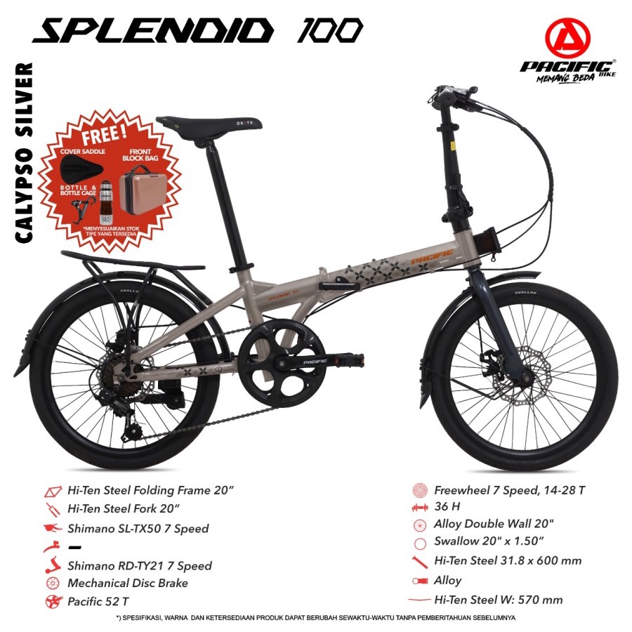 SEPEDA LIPAT PACIFIC SPLENDID 100 20” FRAME STEEL 7 SPEED SHIMANO SL-TX50 BICYCLE FOLDING BIKE