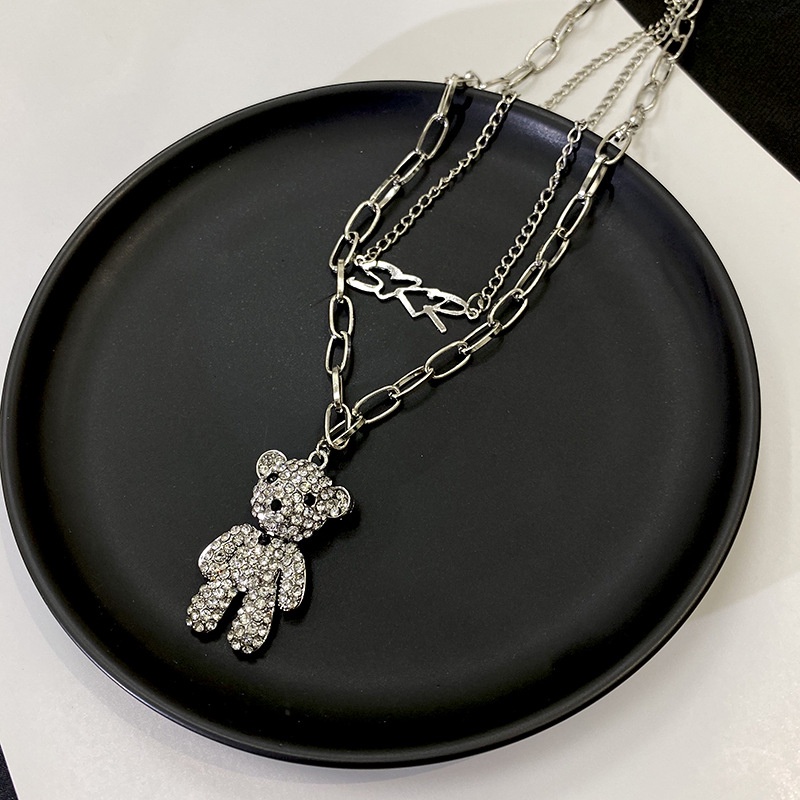 Kalung Model Lapis Ganda Desain Beruang Warna Silver Gaya Korea