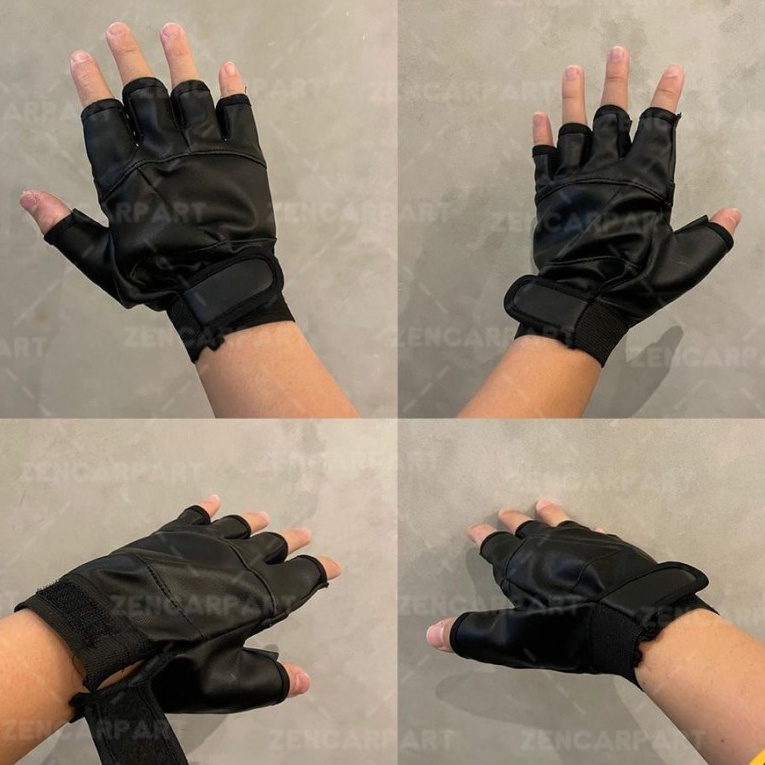 Sarung Tangan Motor Kulit Sintetis Half Finger Glove Protector Hitam Protektor Touchscreen Anti Slip