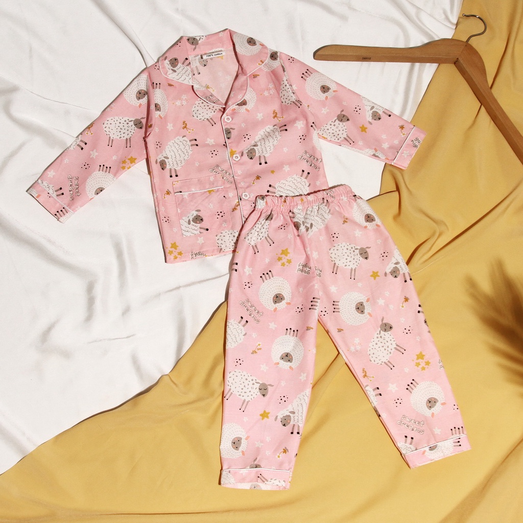 Setelan Piyama Anak Motif Domba Pink Panjang usia 1-3 Tahun