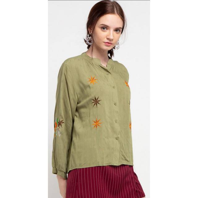 Lavabra Embroidery Button Down Blouse Olive Green