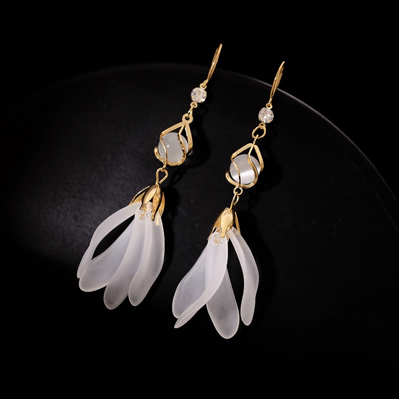 S925 perak telinga hook Korea fashion Opal kelopak panjang rumbai Baru Elegan liar anting-anting wan