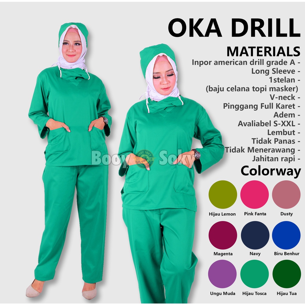 Baju Jaga Ok Oka Perawat Medis Lengan Panjang Dinas Kesehatan Malam | Baju Ok Murah Berkualitas American Drill | Set Scrub Dokter Kerah V-Hijau Tosca