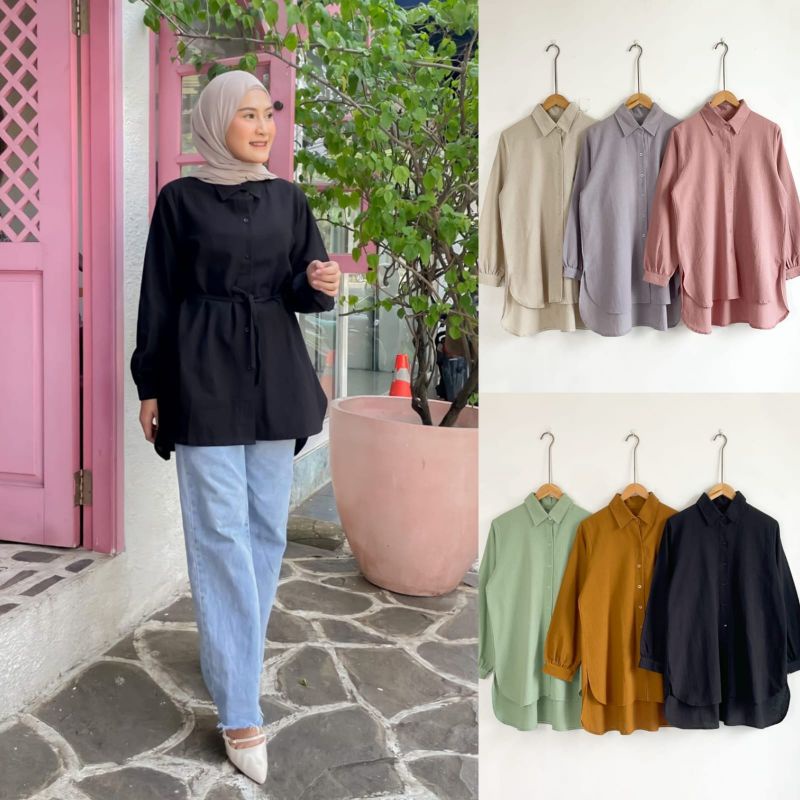 Blouse Kerah Kemeja / LD 110 cm Fit to XL / Atasan Kemeja / Kemeja Linen Crinckle