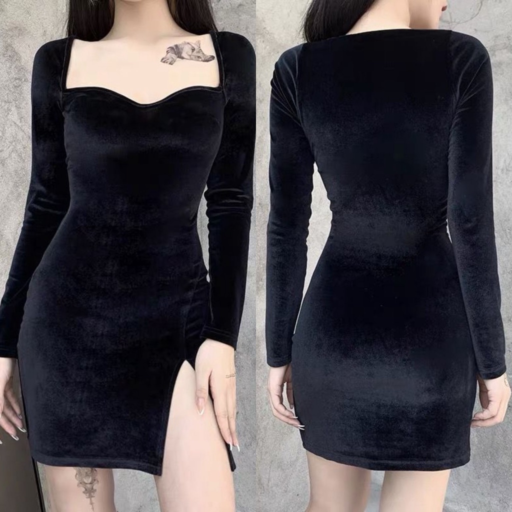 [Goth] Women Long Sleeve Velvet Bodycon Midi Dress 8643 (S/M/L)