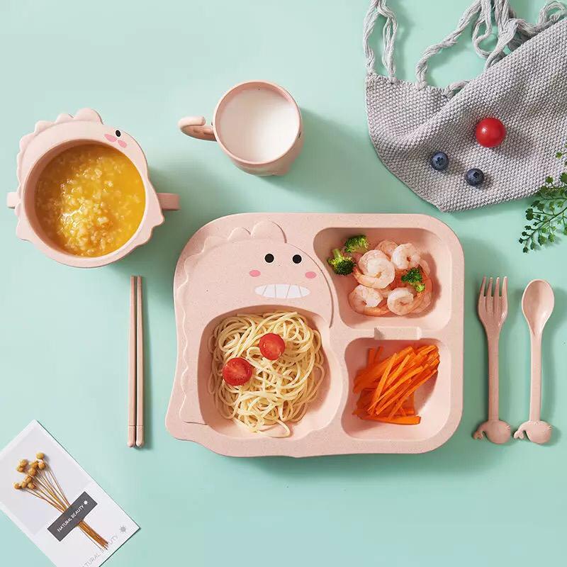 SET Tempat makan anak gambar Dino Pink Perlengkapan makan anak lucu SET tableware anak murah dan lucu