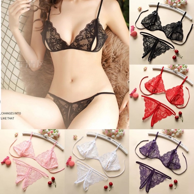 Pakaian Dalam Wanita Korea Lingerie Set Bra dan G-String - Pakaian Dalam Wanita Transparant Pita Bunga sexy - Korea Lingerie Set Bra dan G-String wanita import