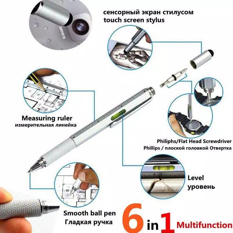 

Pulpen Multifungsi 6 in 1 Layar sentuh Ballpoint Obeng Pengaris Penghapus Level Kerataan