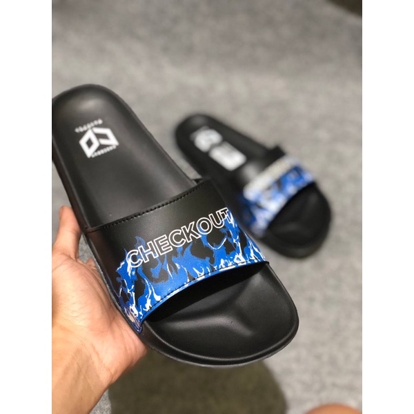 SANDAL SLIDE CHECKOUT FLAME NAVY BLACK PRIA WANITA