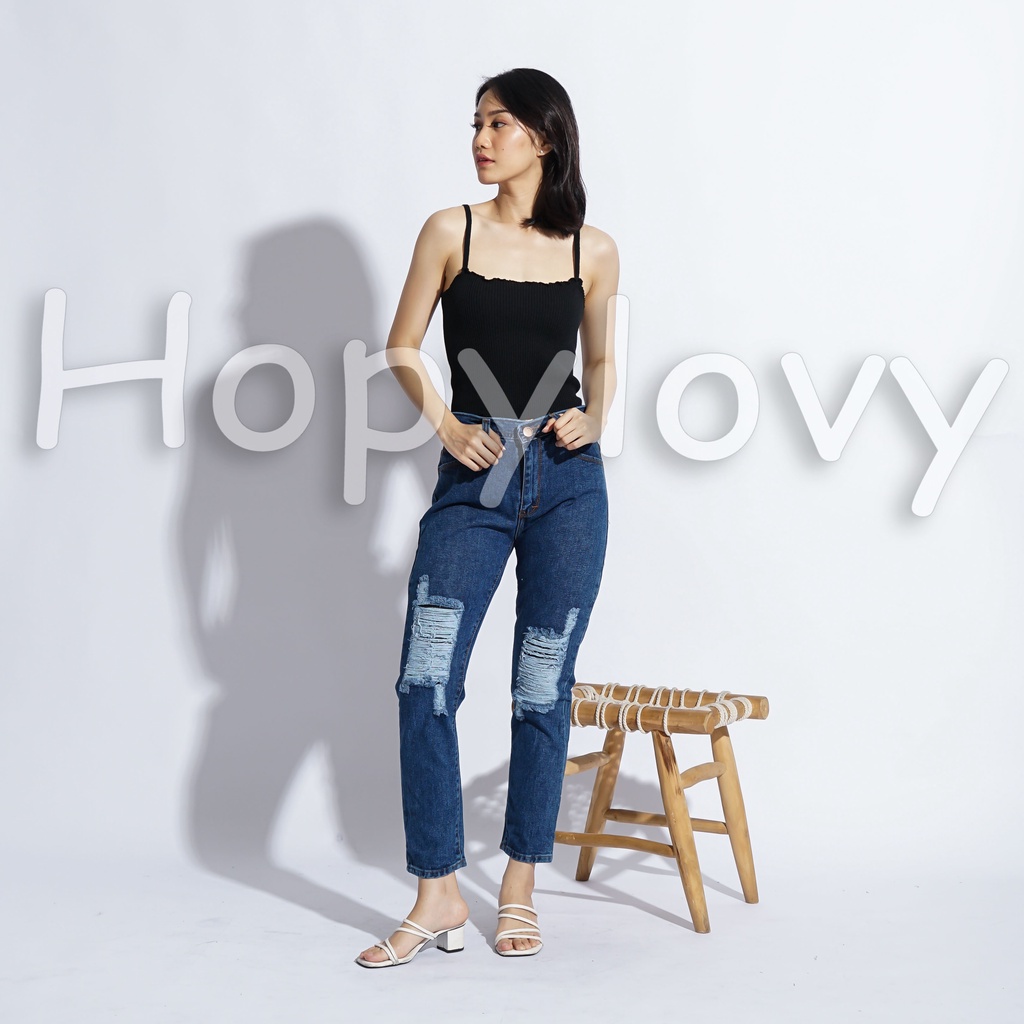 HOPYLOVY Celana Boyfriend Jeans Wanita Sobek Ripped Furing Gianna