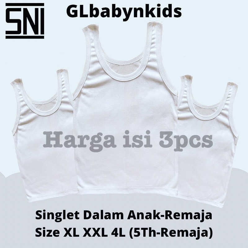 Kaos Dalam Singlet Dalam Anak Katun Putih XL XXL 4L (5Tahun-Remaja / Dewasa) Bundle isi 3pcs