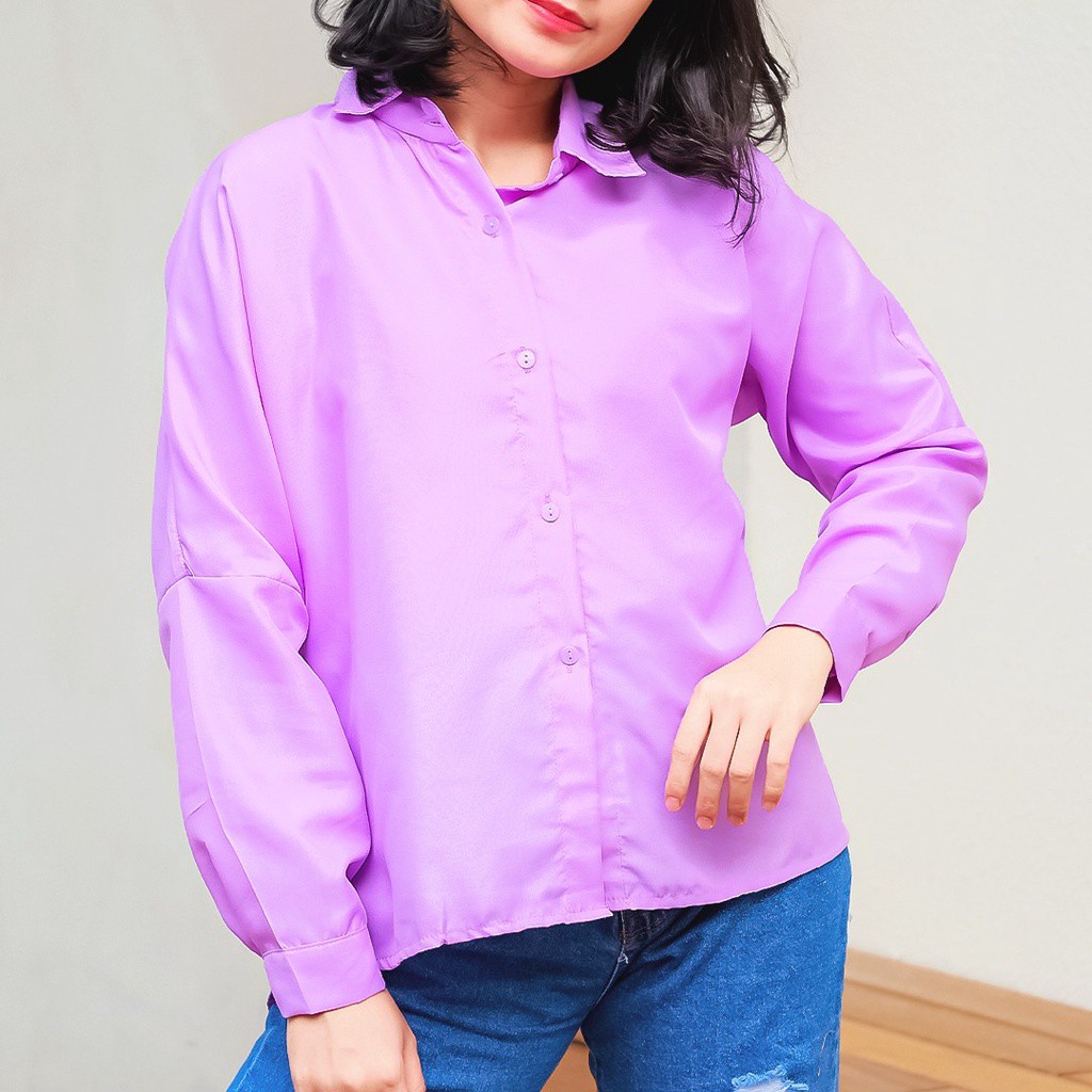 Tq88indonesia Fashion Kemeja Wanita Polos Lengan Panjang / Kem Lugi Batwing Shirt / Baju Kemeja Kerja Wanita Terbaru / Ootd /Hem Cewek / Kem Polos