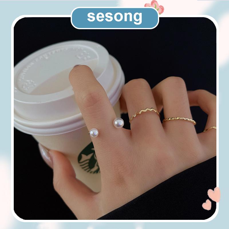 4 Pcs/set Korea Cincin Emas Untuk Wanita Sederhana Mutiara Elegan Cincin Set Dapat Disesuaikan Terbu