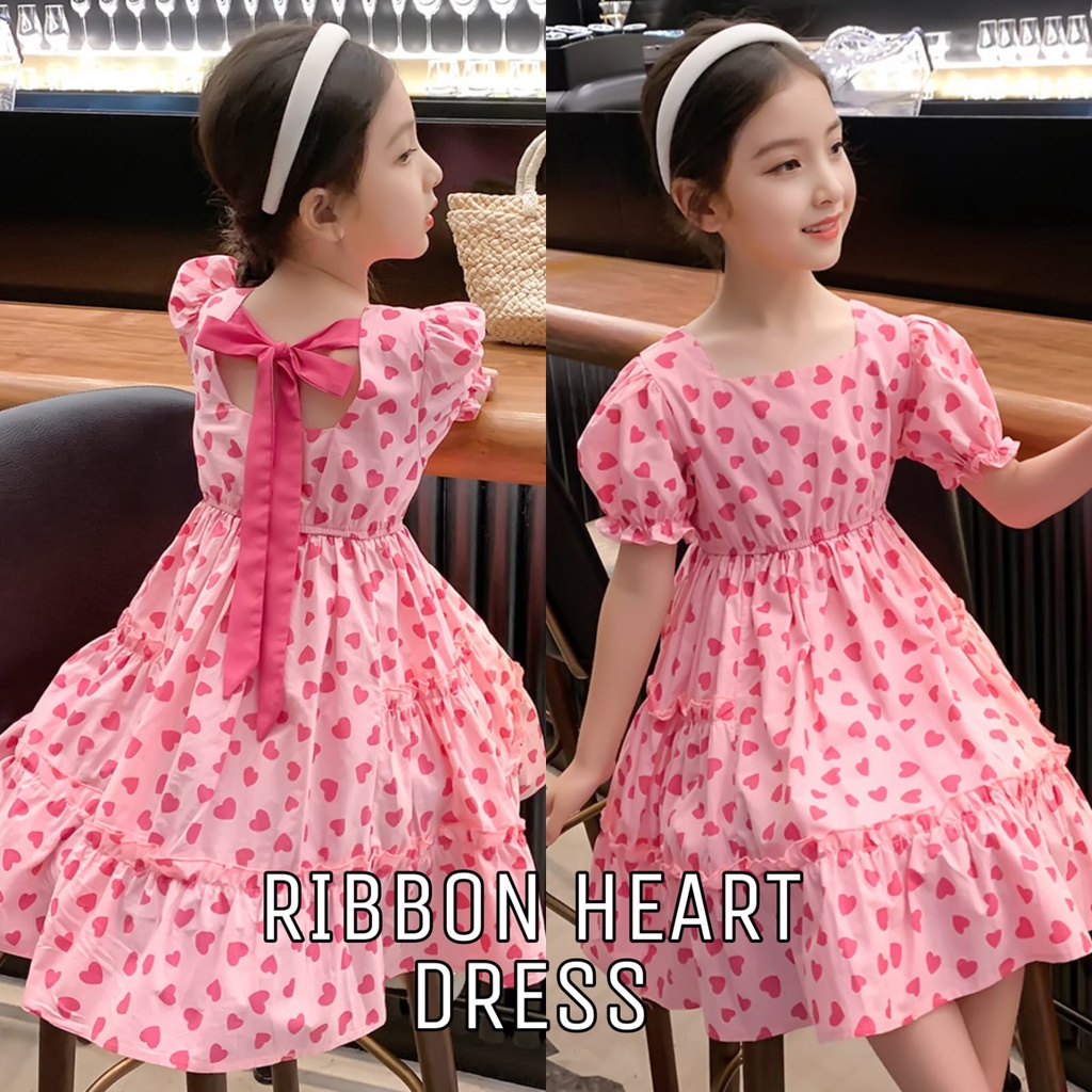 BAJUKIDDIE RIBBON HEART DRESS BAJU CASUAL ANAK CEWEK FASHION KOREA IMPORT KASUAL DAILY SUMMER