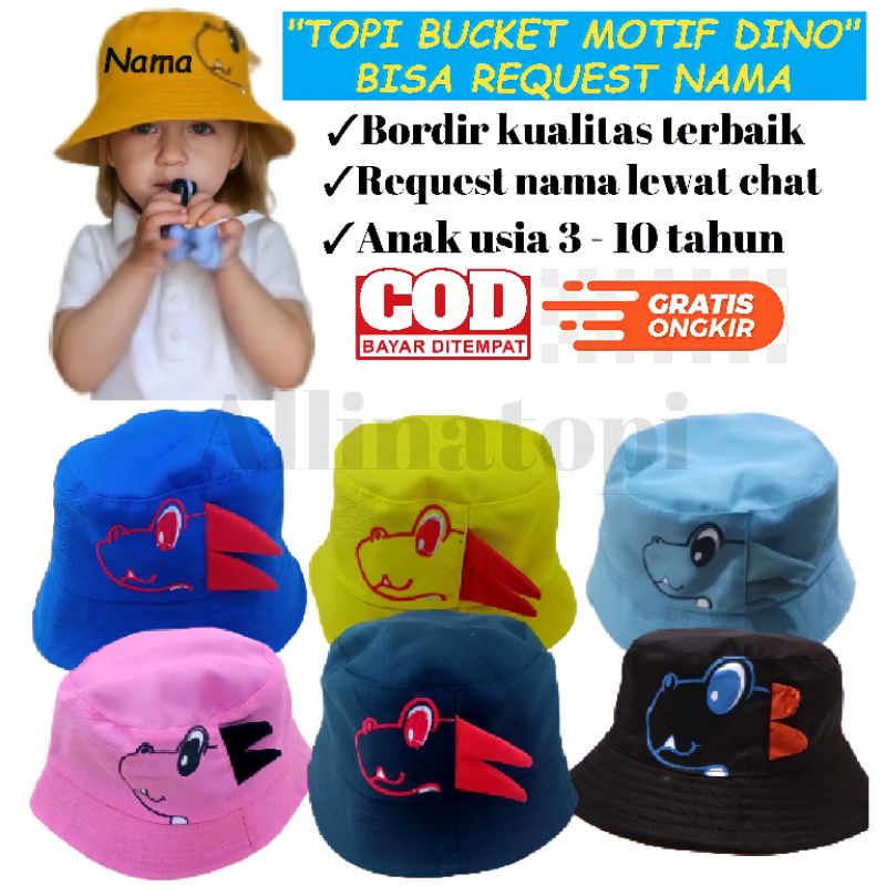 Topi Bucket Motif Dino Bisa Request Nama Topi Bucket Anak Free Bordir Nama