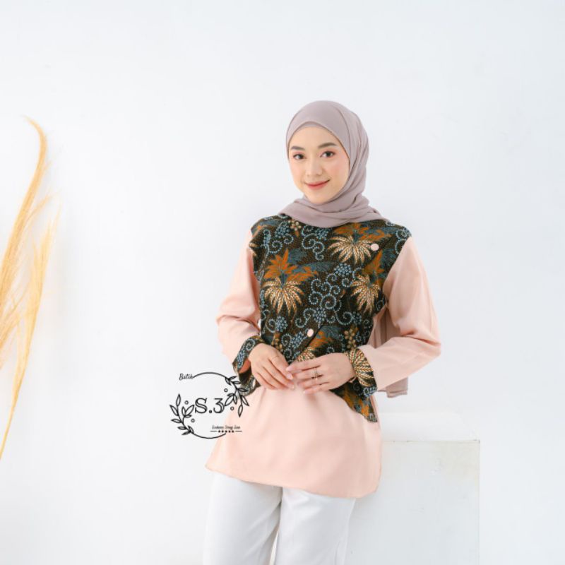 Atasan Batik Wanita Modern / Blouse Batik Kombinasi Mosscrepe Size M, L, XL ( ORIGINAL )