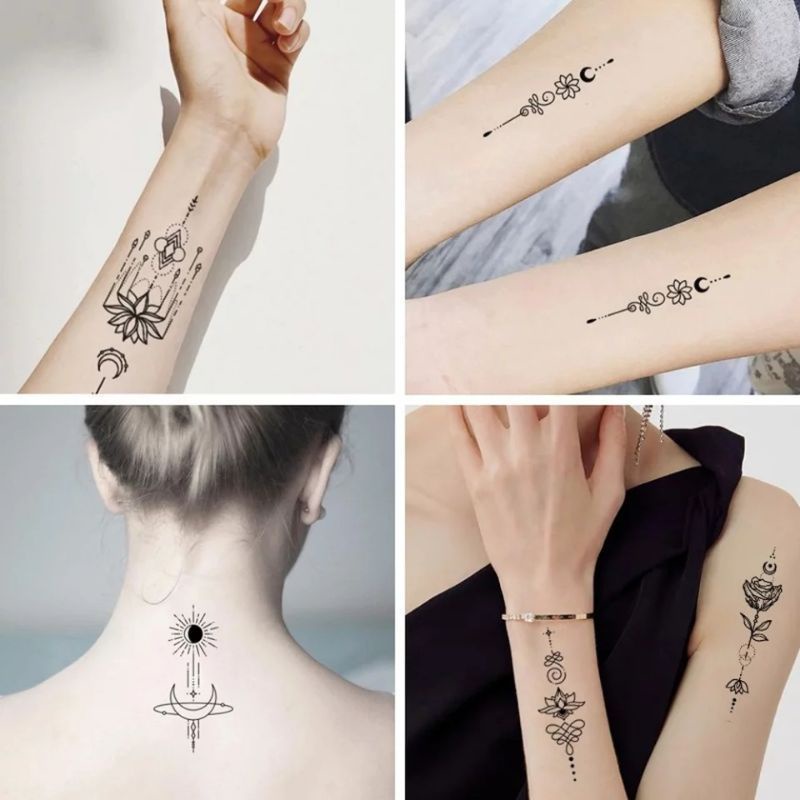 Tatto temporer Teratai Bulan bunga black ink / Temporary tattoo sticker Teratai Moon flower black ink Tahan air